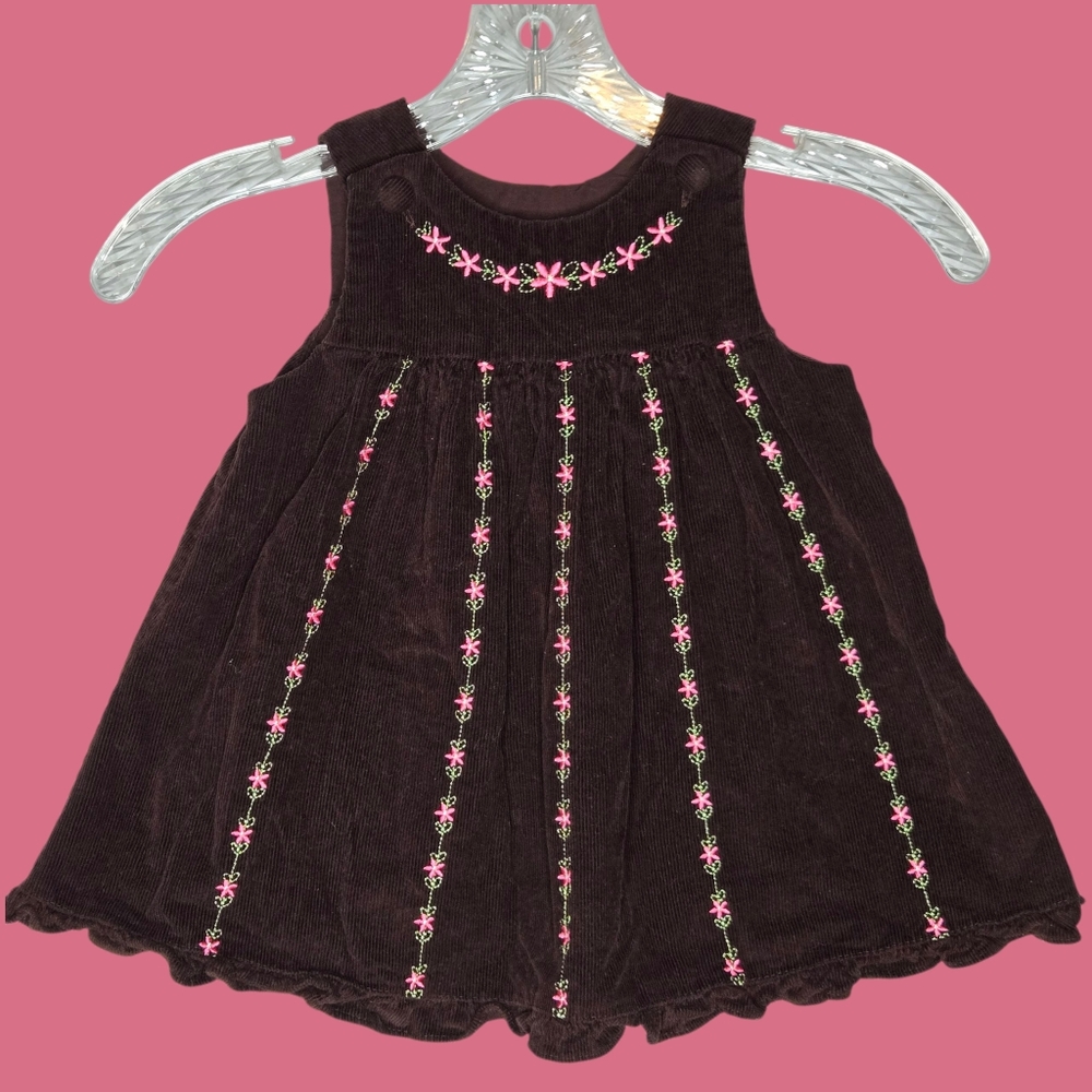 Vintage Brown Corduroy Dress Pleated Pink Flower Embroidery No Size Tag 3T 4T